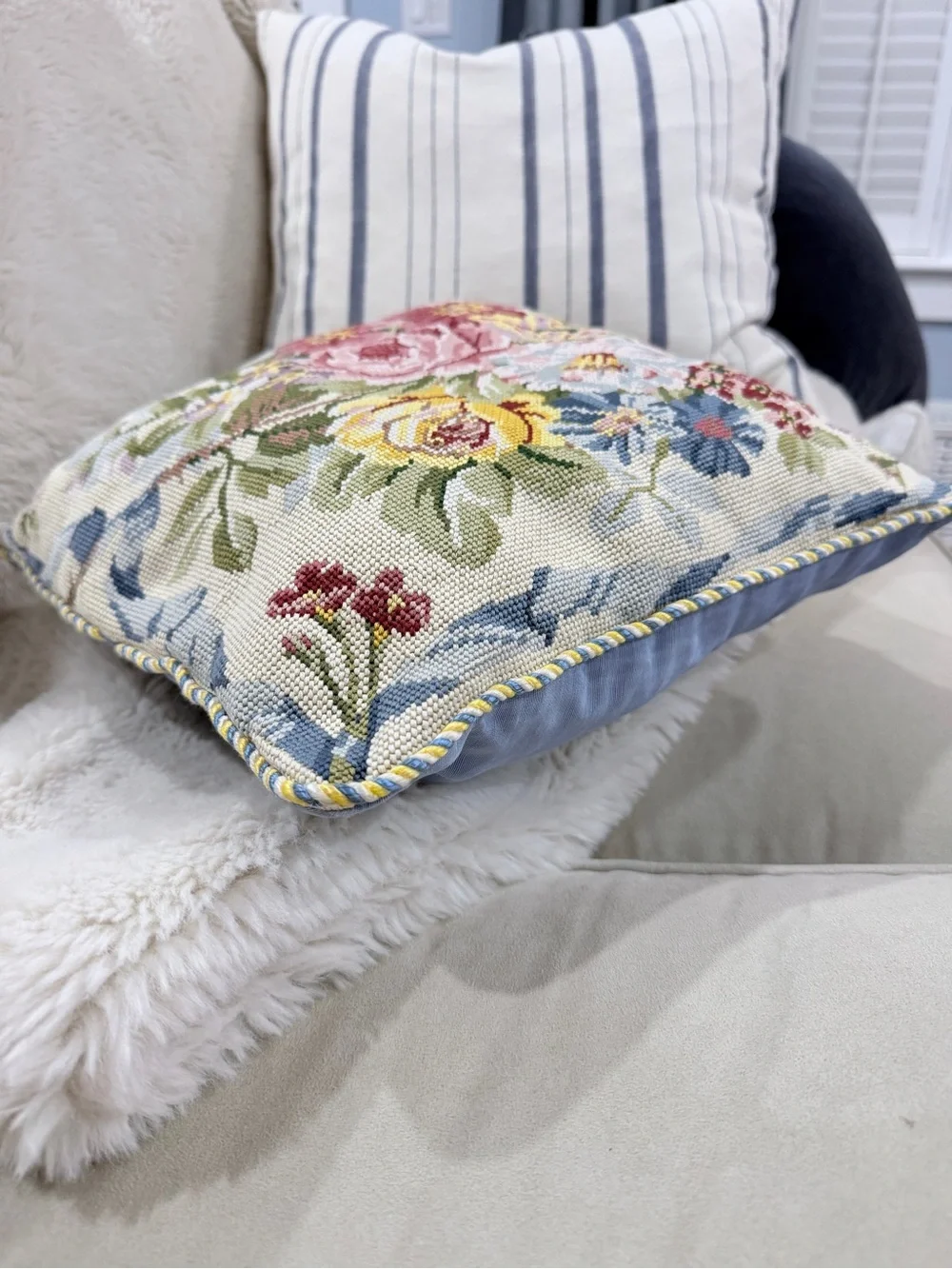 Needlepoint Floral Bouquet Square Accent Pillow Blue